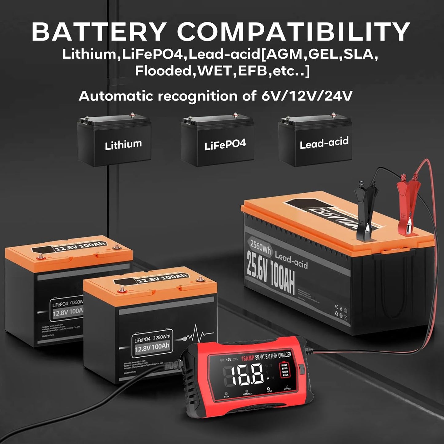 16-Amp 24V/12V/6V Portable Car Battery Charger,Smart LiFePO4 Lithium Lead-Acid Battery Charger,Trickle Charger,Maintainer w/Temperature Compensation for Motorcycles Boats ATVs Lawn Mowers