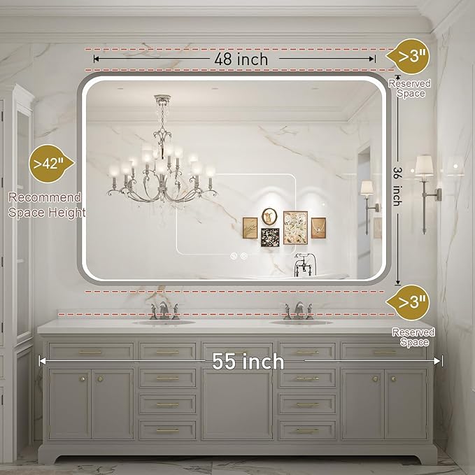 LED Bathroom Mirror with Lights, 48x36 Inch Brushed Silver Framed Lighted - Image 7