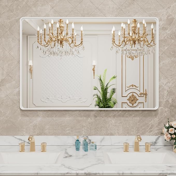 LOAAO 48x32 Inch White Metal Framed Bathroom Mirror - Image 8