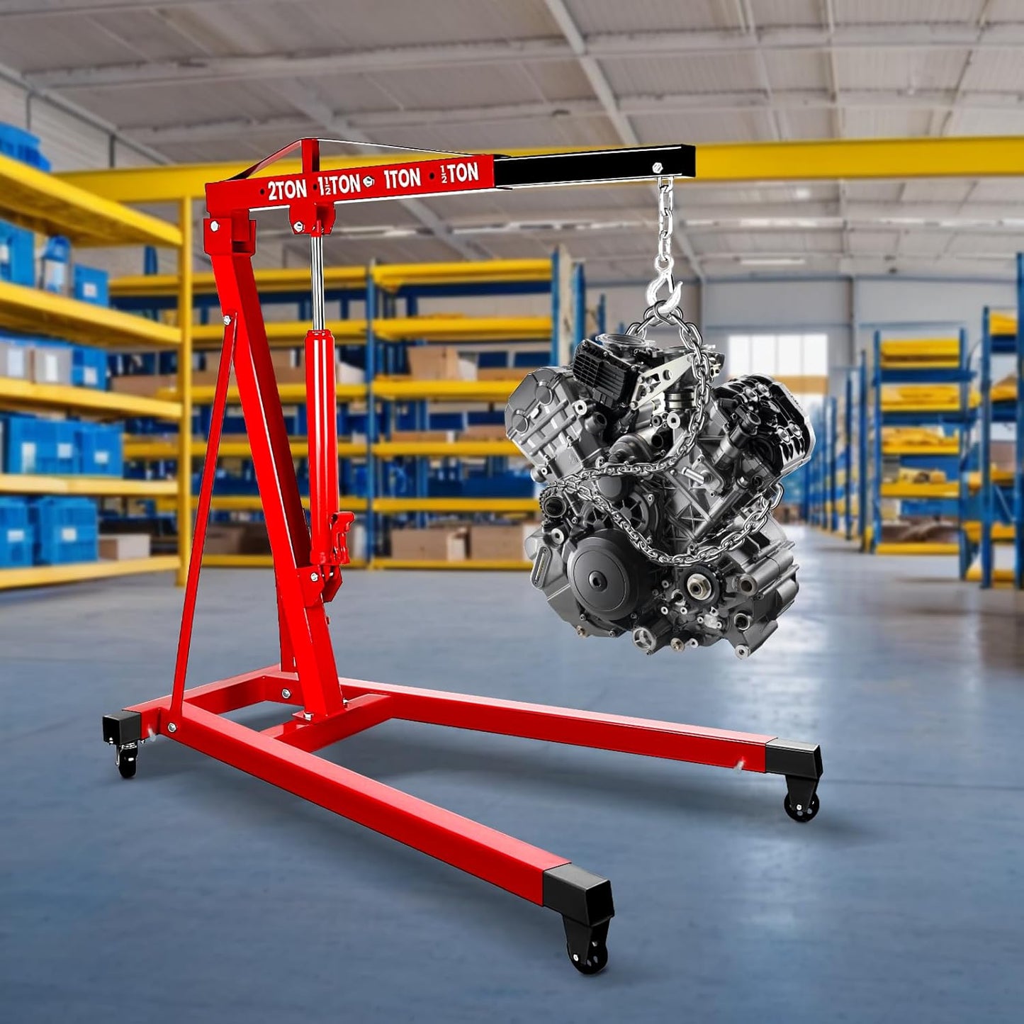 2 Ton Engine Hoist, Carbon Steel Cherry Picker Engine Hoist with 4 Casters, Hydraulic Engine Crane Hoist Cherry Picker Shop Crane for Garage Factory Warehouse, Red