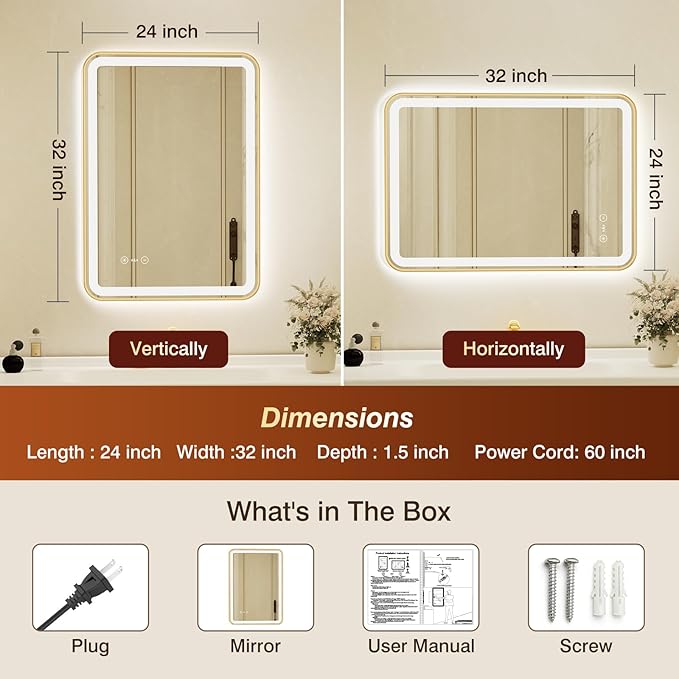 24x32 Inch Gold Framed LED Bathroom Mirror - Image 2