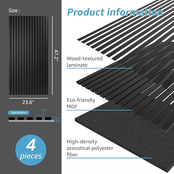 Art3d 4 Pack 47.2 x 23.6in. Wood Slat Acoustic Panels - Image 5