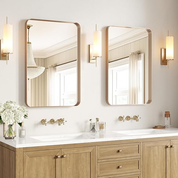 USHOWER Gold Bathroom Mirrors 24"x36" 2 Pack, Brushed Gold Rectangle Mirrors - Image 8