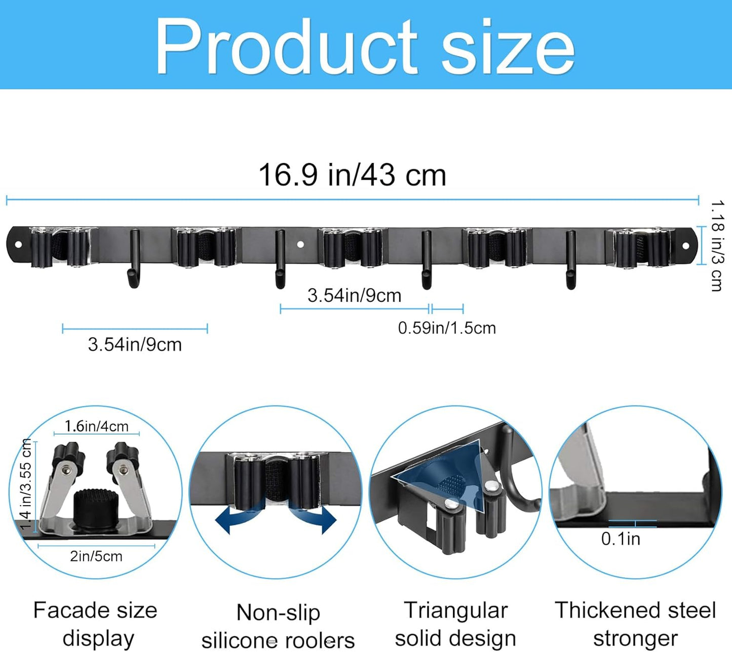 Huryfox Mop and Broom Holder Wall Mounted - Sturdy Stainless Steel Rack with Utility Hooks, 5 Racks, 4 Hooks Adjustable Design and Multiple Storage Organiser Options, Perfect for Kitchen