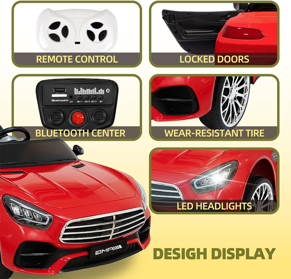 12V Ride On Car for Kids, Electric Car with Remote Control, Bluetooth Music Player for 3-8 Year Old, Red