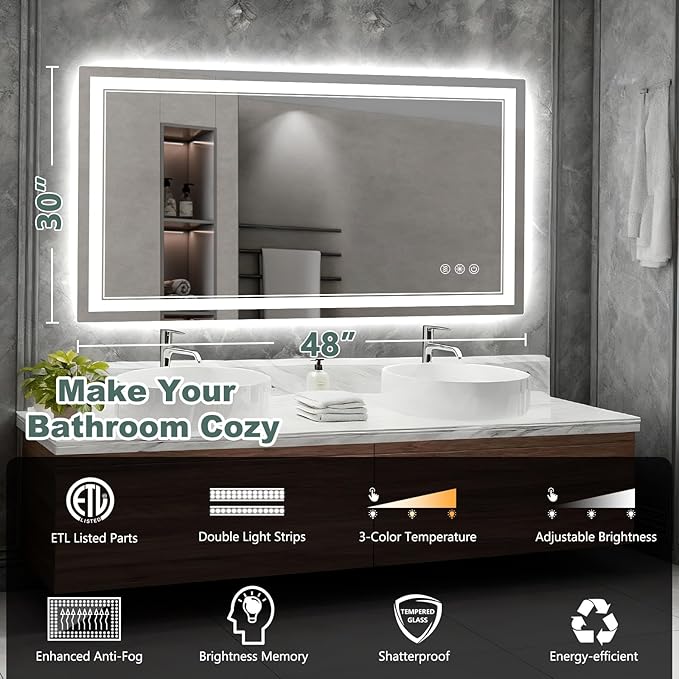 48x30 Inch LED Bathroom Mirror - Image 2