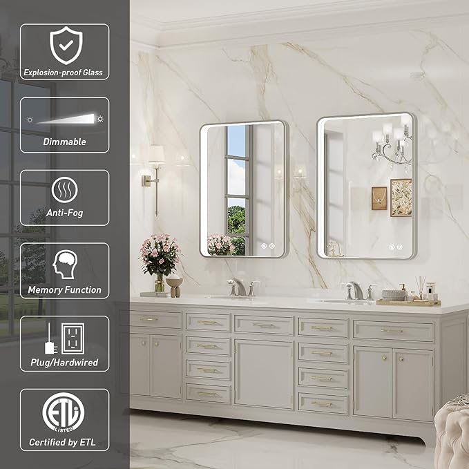 28x36 Inch LED Mirror for Bathroom, Brushed Sliver Metal Frame Lighted Vanity - Image 2