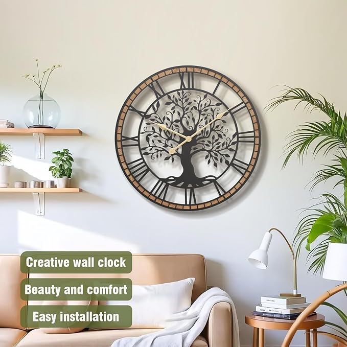 Micasso Vintage Oversize Wall Clock: 38Inch Farmhouse Tree of Life Metal - Image 2