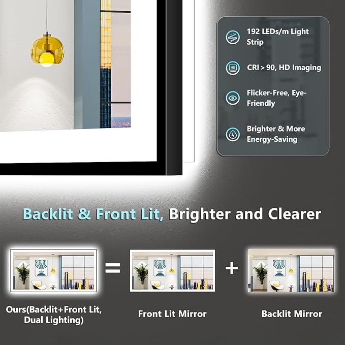 96x36 Black Framed LED Bathroom Mirror - Image 4