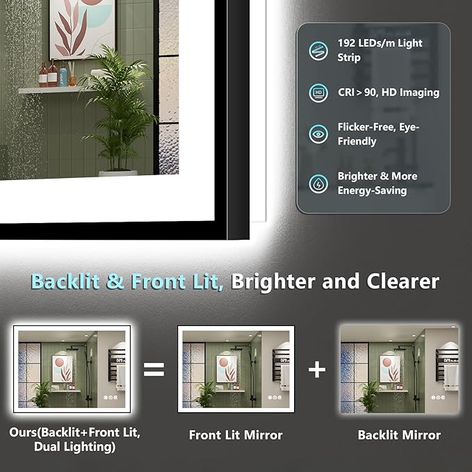 40x38 Black Framed LED Bathroom Mirror - Image 4