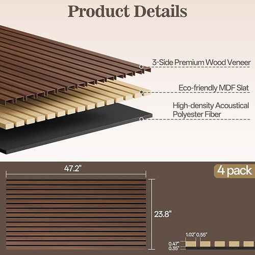 4 Pack Wood Panels for Wall, 47.24" x 23.81" Acoustic Wood Slat Wall Panel for - Image 2