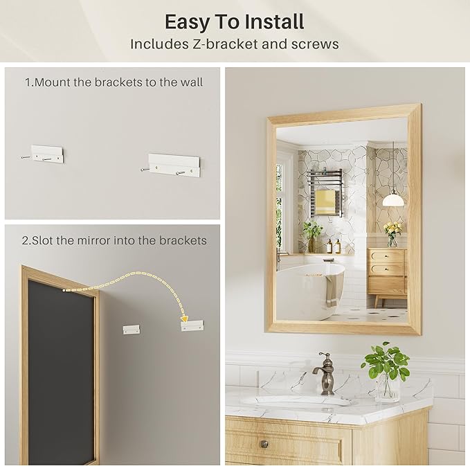36x36 Inch Bathroom Mirror for Wall, Anti-Rust Oak Wood Grain Metal Framed - Image 5