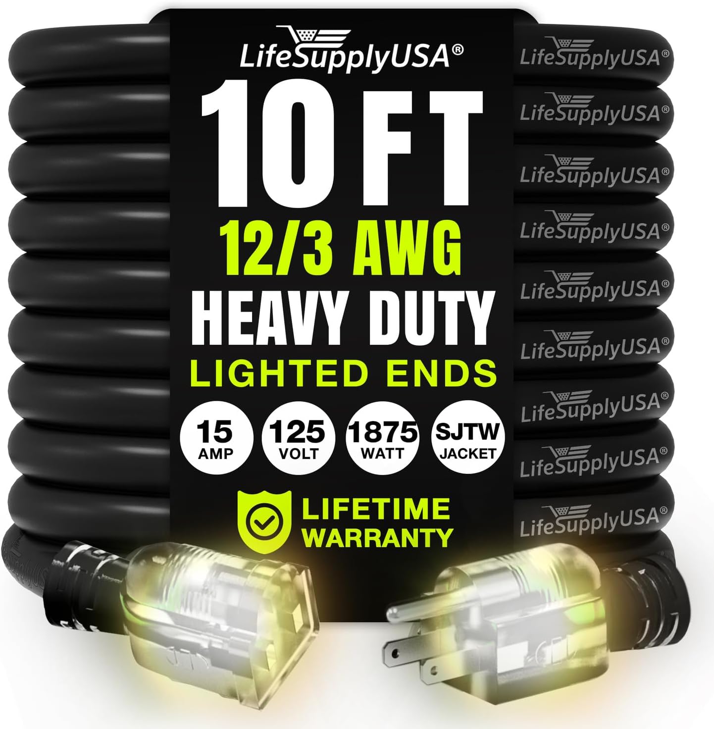 10ft Outdoor/Indoor Extension Cord 12/3 Gauge Extra Heavy Duty 3 Prong SJTW, Waterproof, Flexible Cold-Resistant Long Power Cord,15A 125V 1875W, Black by LifeSupplyUSA
