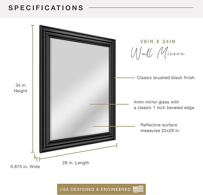 MCS 28x34 Large Wall Mirror, Brushed Black Frame & Beveled Detail Mirror - Image 3