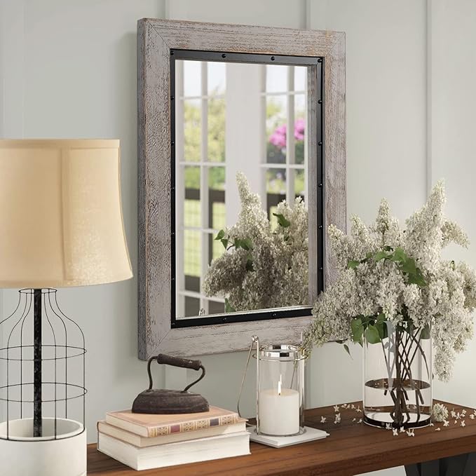 YOSHOOT Rustic Wooden Framed Wall Mirror, Natural Wood and Iron Bathroom Vanity - Image 6