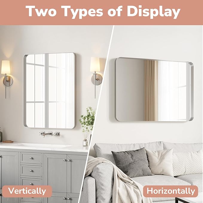 USHOWER Brushed Nickel Bathroom Mirrors 22"x30" 2 Pack, Rounded Corner - Image 6