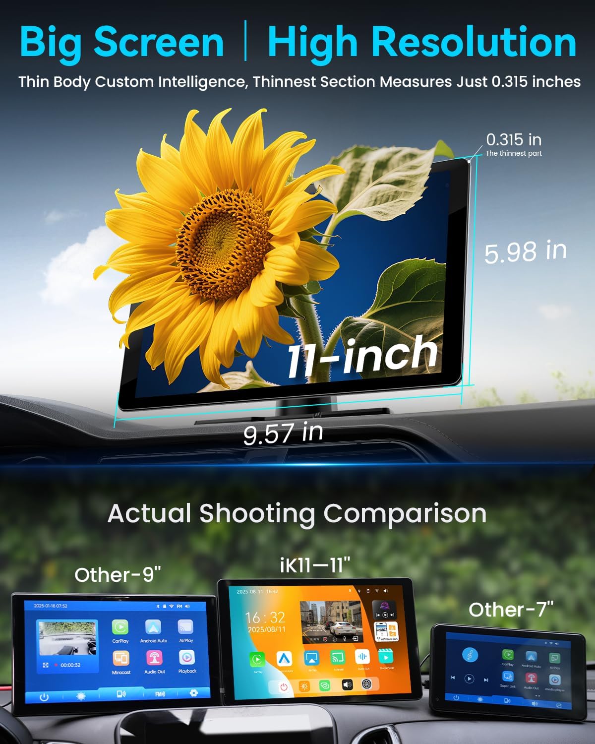 11" Extra Large Wireless Apple CarPlay Screen for Car – Ultra-Slim 0.16 Inch Touchscreen Car Stereo with Android Auto, 4K Dash Cam, 1080p Backup Camera, GPS, Mirror Link, Voice Control