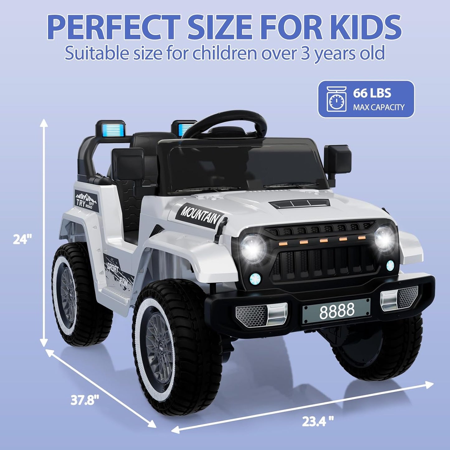 12V Kids Ride on Truck Car, w/Parent Remote Control, Twin 35w Motors, 3 Speeds, LED Lights, Music & Horn, Spring Suspension, Kids Electric Vehicles Toy for 3-5 Years Old Boys Girls Gift, White