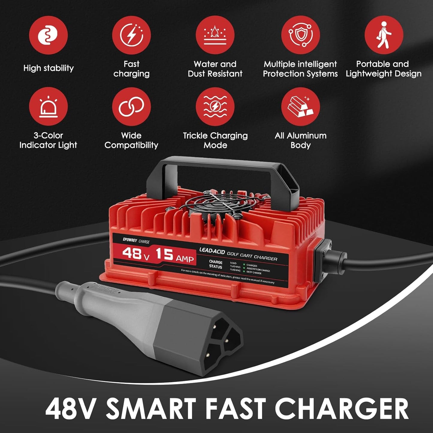 15 AMP Golf Cart Charger for 48 Volt EZGO RXV & TXT with 3 Pin Triangular Plug-Lead Acid Battery