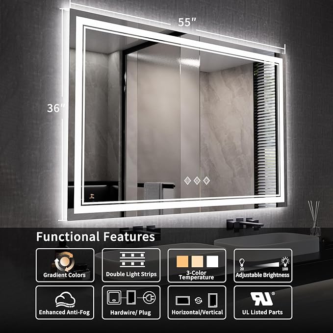 LED Mirror, 55x36 Inch Gradient Front and Backlit Lighted Bathroom Mirror - Image 2