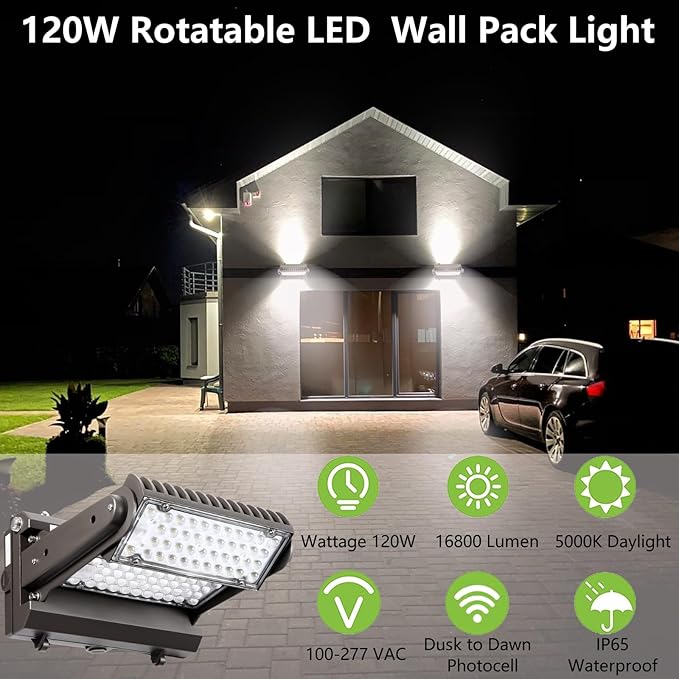 Dusk to Dawn 120W Rotatable LED Wall Pack Light, 5000K 16800LM 600-800W HPS/HID - Image 2