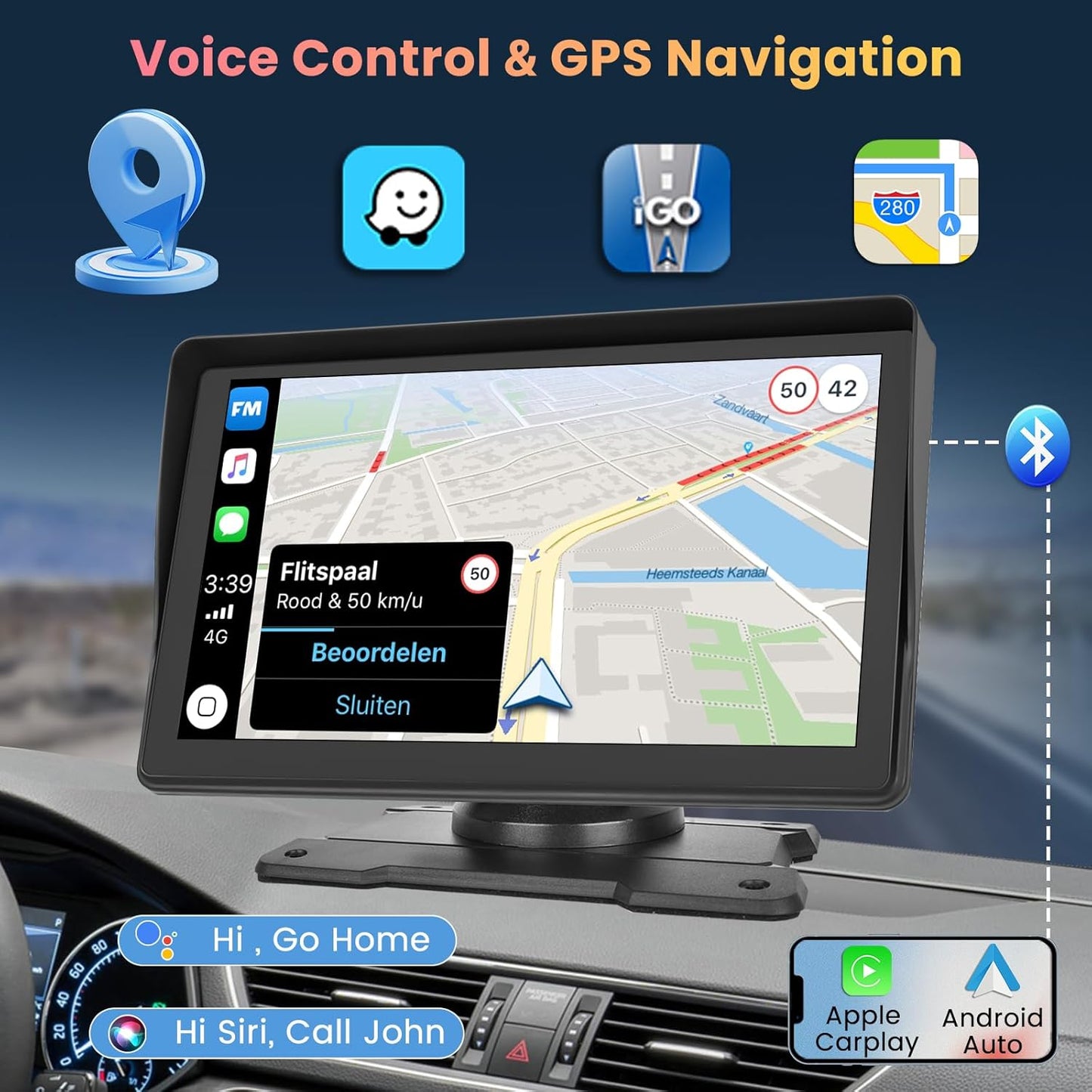 Hikity Wireless Carplay Android Auto Portable Car Stereo 7 Inch Touchscreen Car Screen with Airplay, Voice Control, Bluetooth, FM, USB/TF/Av Input, Dash and Windshield Mount, Backup Camera