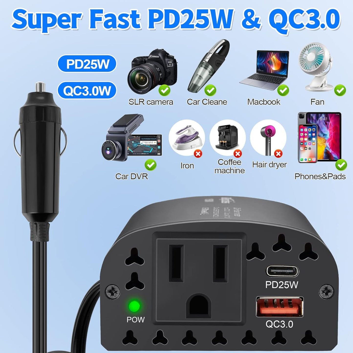 150W Car Power Inverter DC 12V to 110V AC Car Outlet Adapter with PD 25W &QC3.0 USB Ports Laptop Car Charger