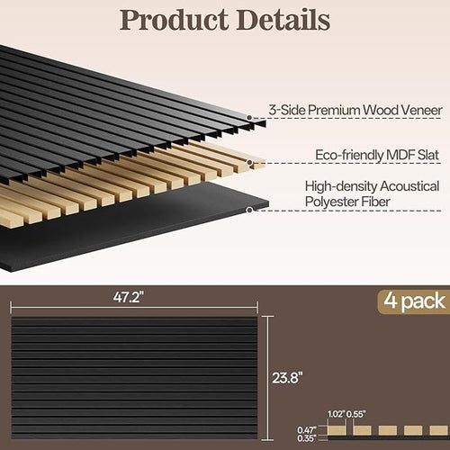 4 Pack Wood Panels for Wall, 47.24" x 23.81" Acoustic Wood Slat Wall Panel for - Image 2