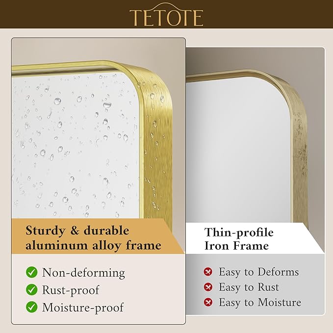 TETOTE 60 x 40 Inch Brushed Gold Frame Mirror, Brass Bathroom Vanity Mirror - Image 3