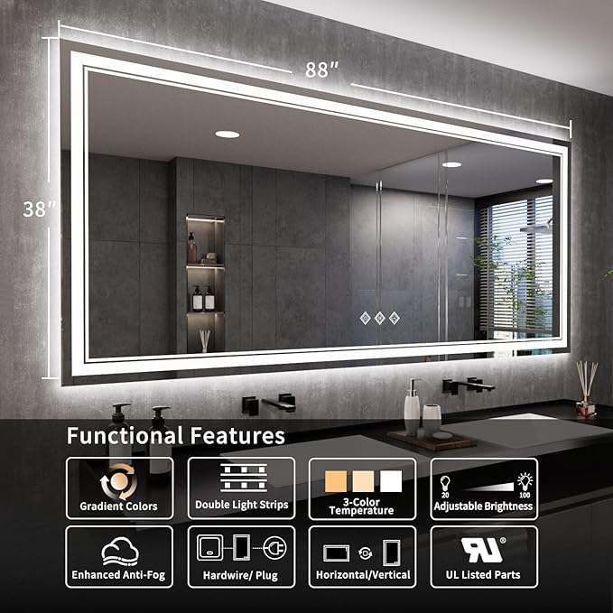 Bathroom Mirrors for Wall, 88x38 Inch Gradient Front and Backlight Big Lighted - Image 2