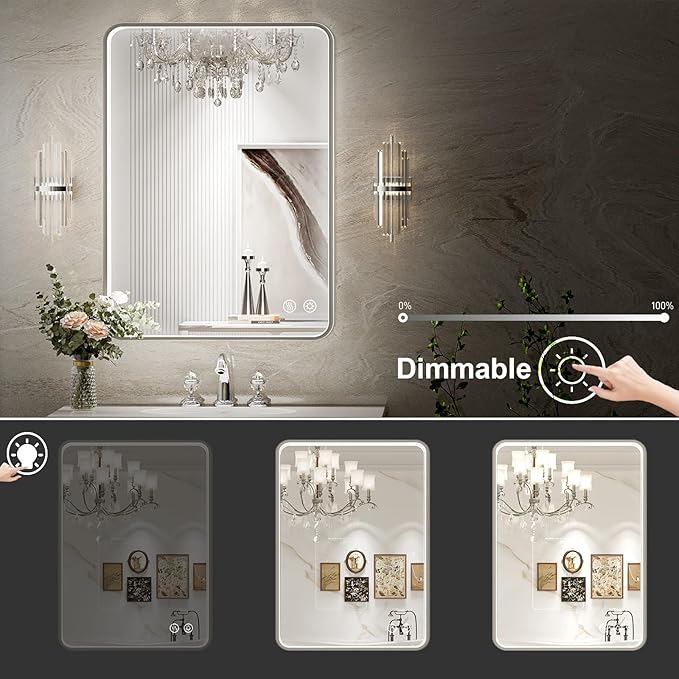 LED Bathroom Mirror with Lights, 24x32 Inch Brushed Silver Framed Lighted - Image 3