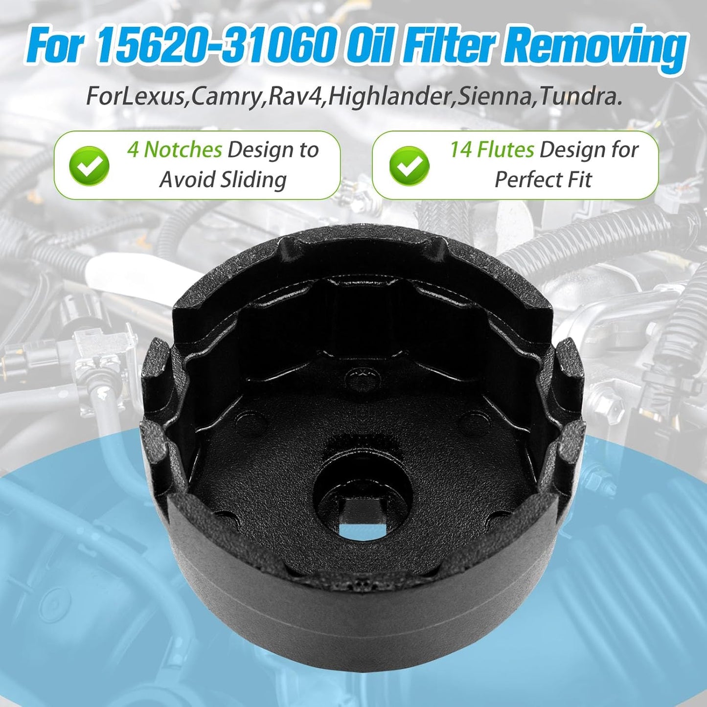 Heavy Duty Oil Filter Cap Removal Tool, 64mm 14 Flute Oil Filter Wrench, Compatible with Toyota, Lexus, Highlander (2.5L-5.7L Engines)