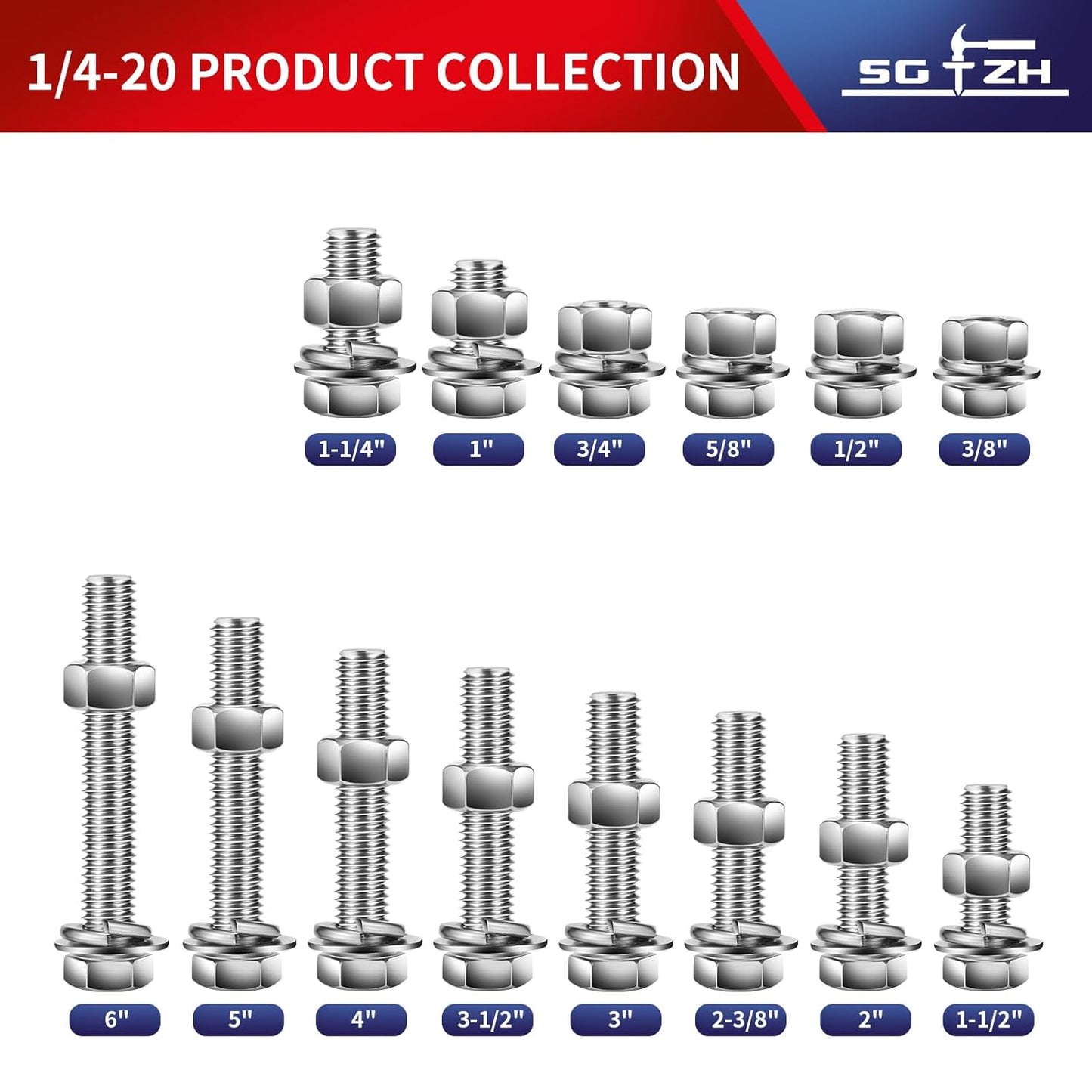 1/4-20 x 1" Hex Head Screw Bolt, Nuts, Flat & Lock Washers, 10Pcs 18-8 (304) Stainless Steel, Fully Threaded, by SG TZH