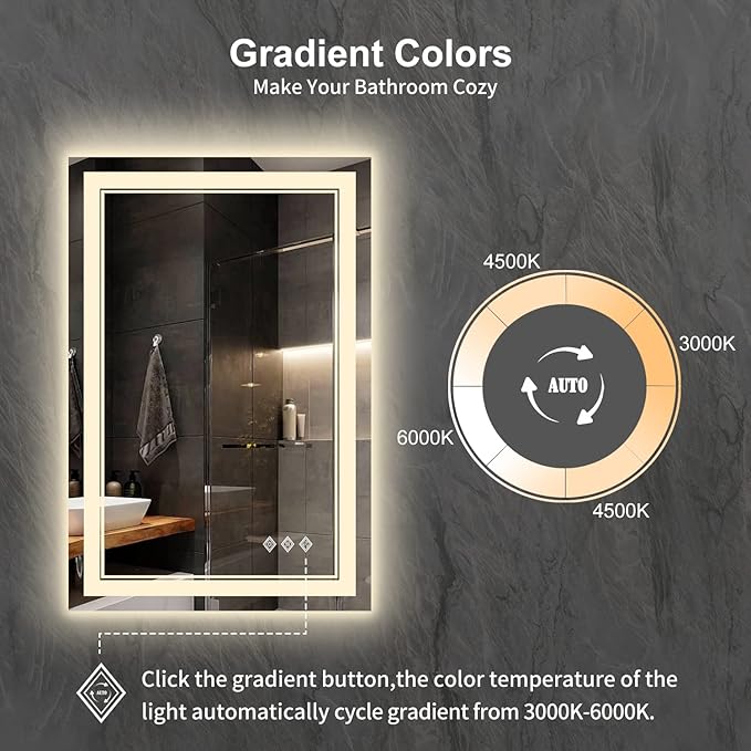 LED Mirror for Bathroom, 24x36 Inch Gradient Front and Backlight LED Bathroom - Image 3