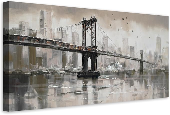 Anolyfi Vintage Brooklyn Bridge Canvas Wall Art Decor, Skylines Cityscapes - Image 2