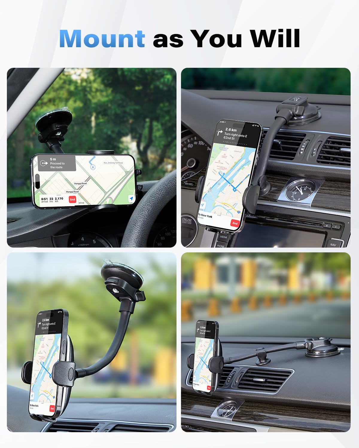 1Zero Solid Car Truck Phone Mount Holder with Thick Gooseneck Long Arm, Windshield Window Mobile Holders w/Industrial-Strength Suction Cup, Anti-Shake Stabilizer Compatible All Cell Phones, Black