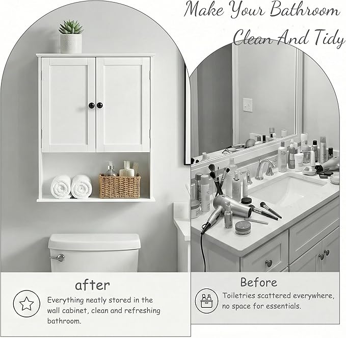 Bathroom Wall Cabinet, Over Toilet Storage Hanging Cabinet Adjustable Shelves - Image 4