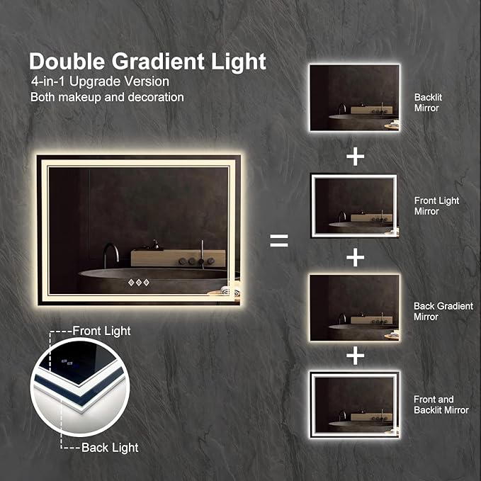LED Mirror for Bathroom, 48x36 Inch Gradient Front and Backlit Bathroom Mirror - Image 4