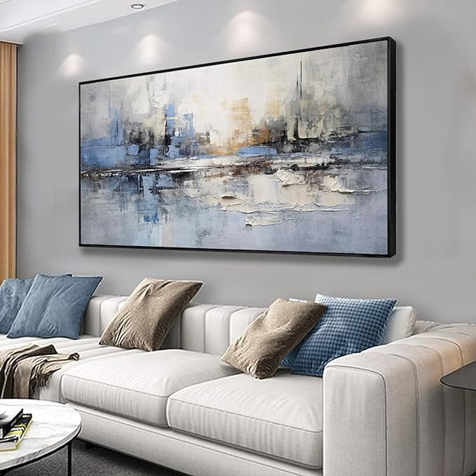 Abstract Wall Art Blue and White Reflection Large Size Framed Artwork Wall by VHMING