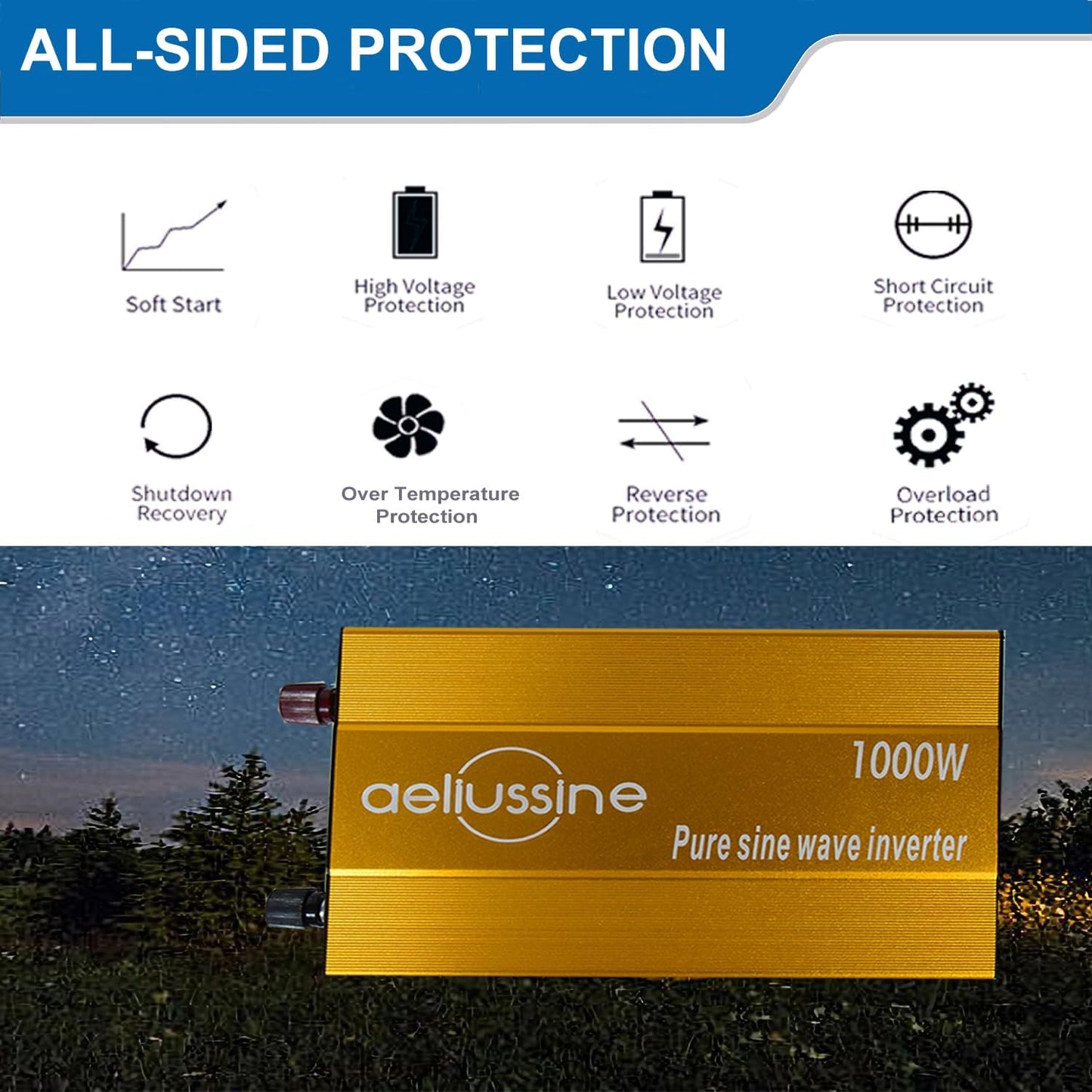 1000W Pure Sine Wave Inverter-36V DC to 110V 120V AC Power Converter with 2 AC Outlets, 36 Volt Power Inverter for Truck, Rv, Camping, Home, Emergency Power