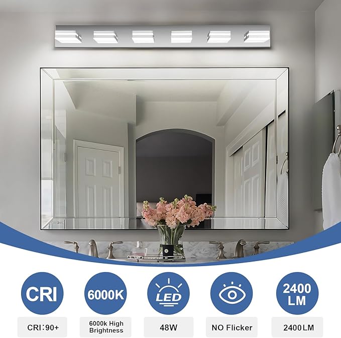Modern LED Bathroom Lights Fixtures 6-Light, Stainless Steel Chrome Acrylic - Image 5