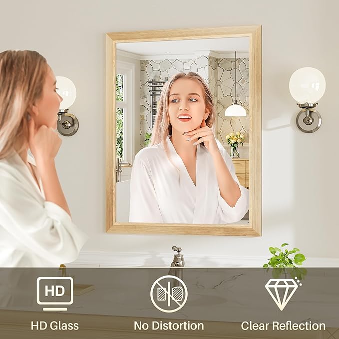 36x36 Inch Bathroom Mirror for Wall, Anti-Rust Oak Wood Grain Metal Framed - Image 6