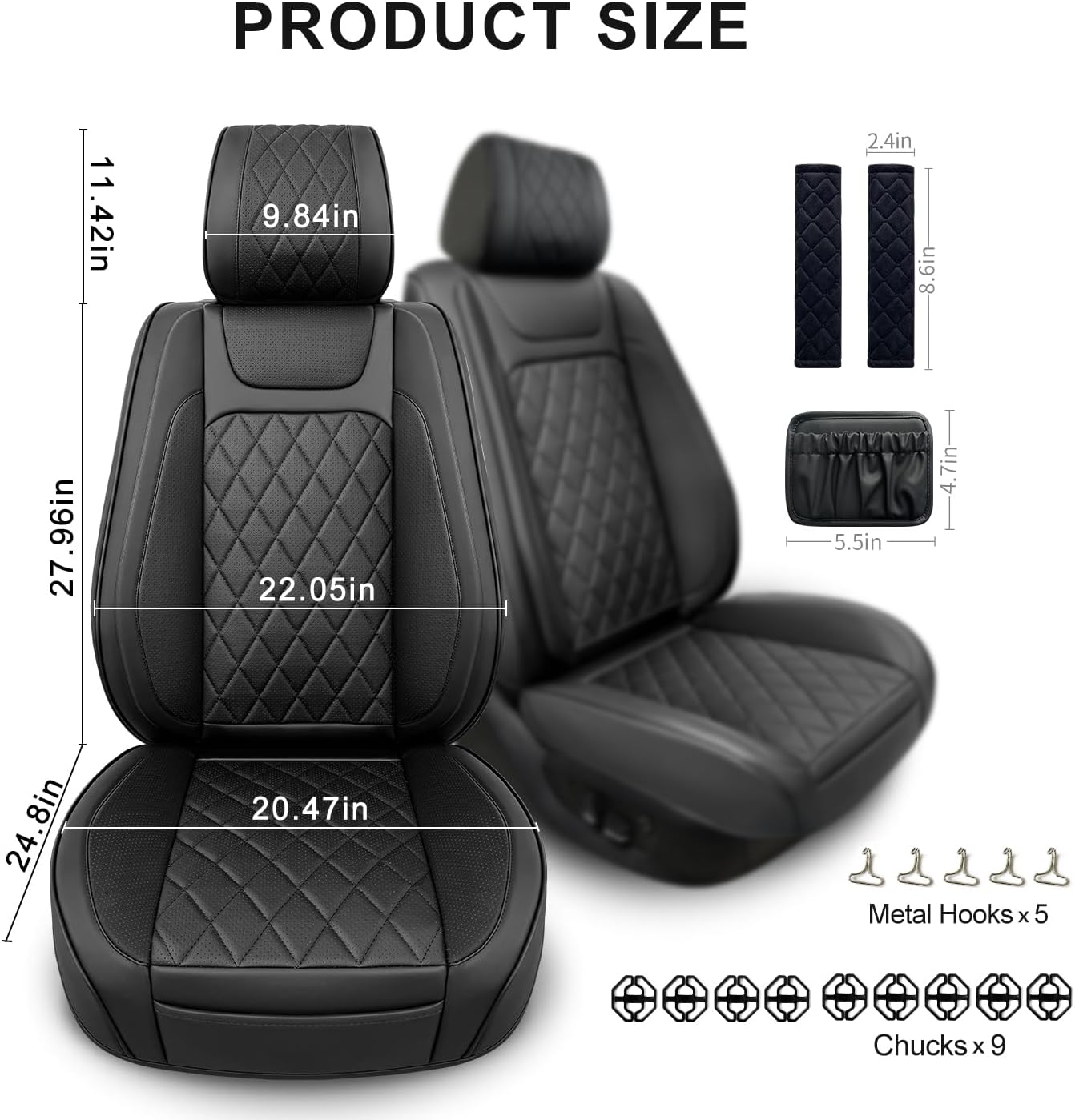 2 Pack Leather Front Car Seat Covers,Universal Breathable Full Surround Leather Car Seat Cover Protector,Split Waterproof Luxury Auto Black Seat Cover Cushion for Sedan Cars Pick-up Trucks SUV
