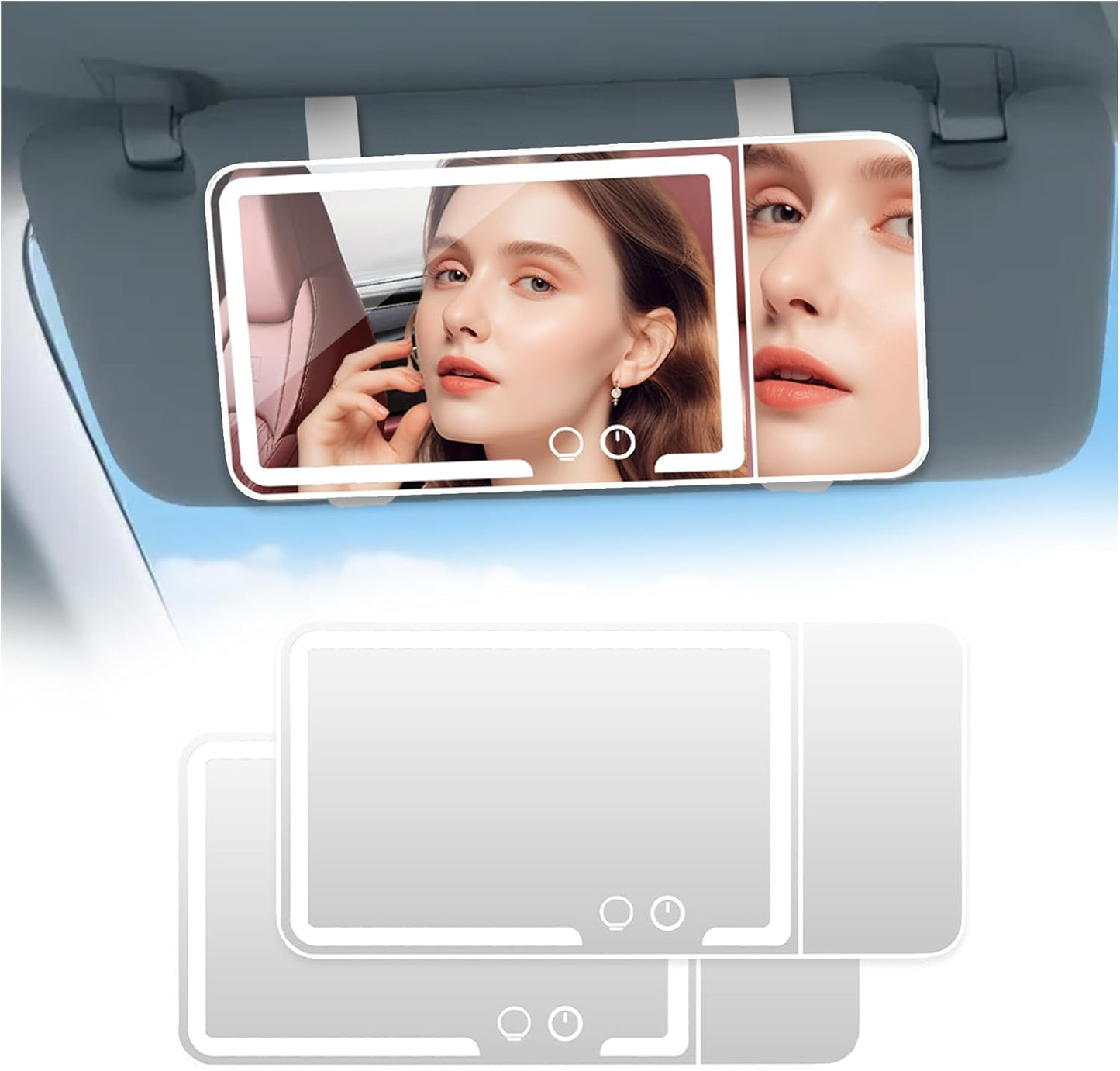 2 pack， Car Sun Visor Vanity Mirror， Rechargeable Led 3 Light Modes,Dimmable Touch Screen,Side with triple magnification mirror image (2)