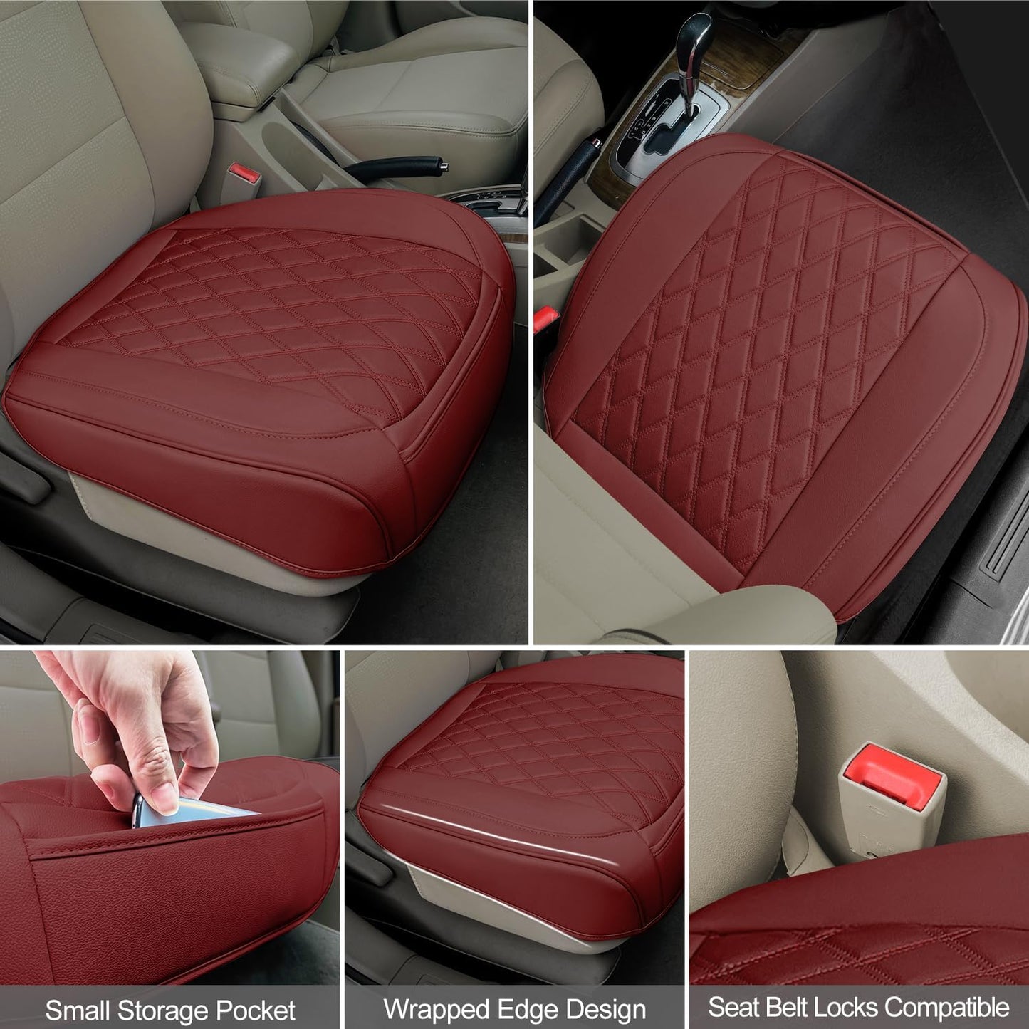1 Pack Leather Front Car Seat Cover Bottom Car Seat, Anti-Slip and Full Wrap Driver Car Seat Protectors, Luxury Waterproof Bottom Auto Seat Cushion Pad Mat for Most Vehicles(Red)