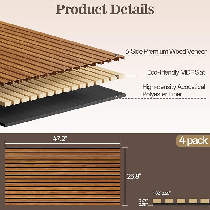 4 Pack Wood Panels for Wall, 47.24" x 23.81" Acoustic Wood Slat Wall Panel for - Image 2