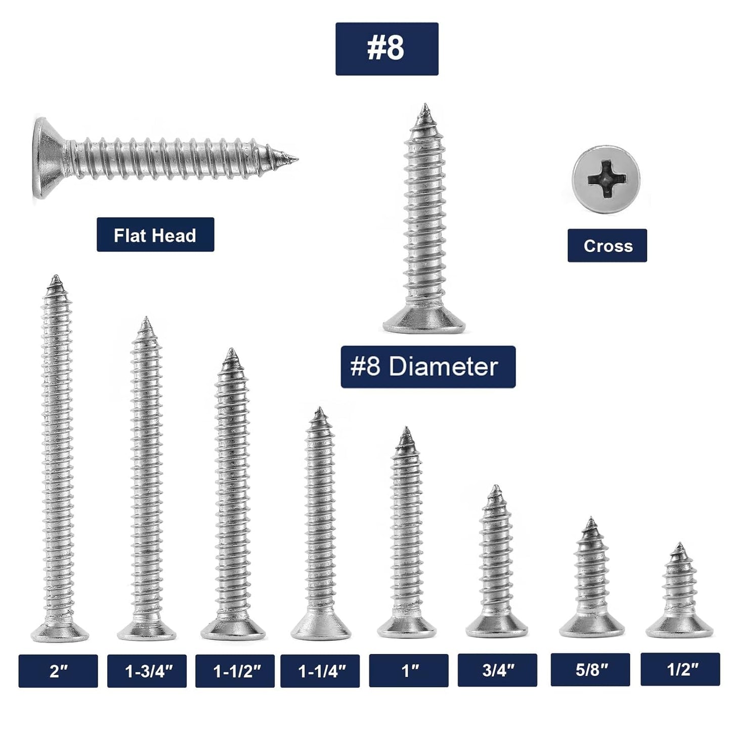 #8 x 5/8" Wood Screw 100Pcs 18-8 (304) Stainless Steel Screws Flat Head Phillips Fast Self Tapping Drywall Screws by SG TZH