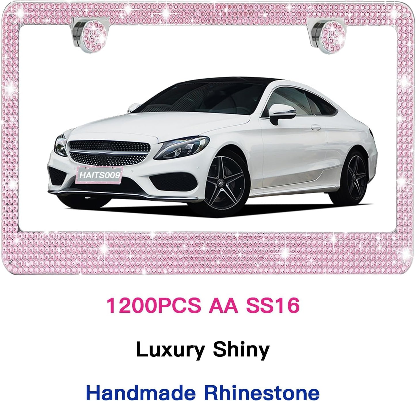 2 Pack License Plate Frames for Women, Sparkly Rhinestone Diamond Car Accessories with Glitter Crystal Caps (Pink (2PCS))