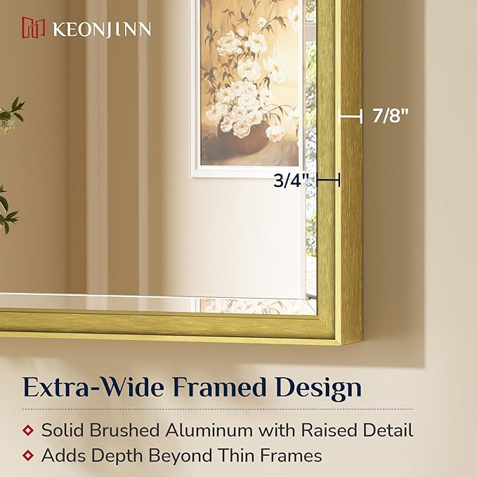 Keonjinn 30" x 36" Gold Bathroom Mirror, Beveled Edge Tempered Glass, - Image 2