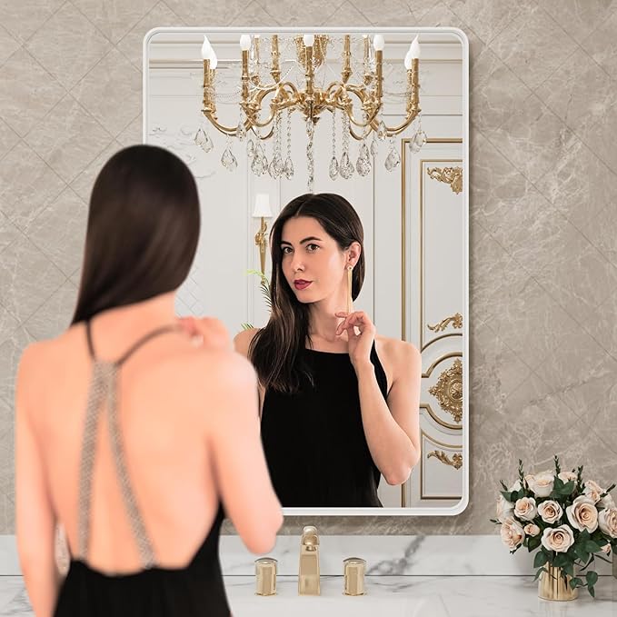 LOAAO 32x36 Inch White Metal Framed Bathroom Mirror - Image 2